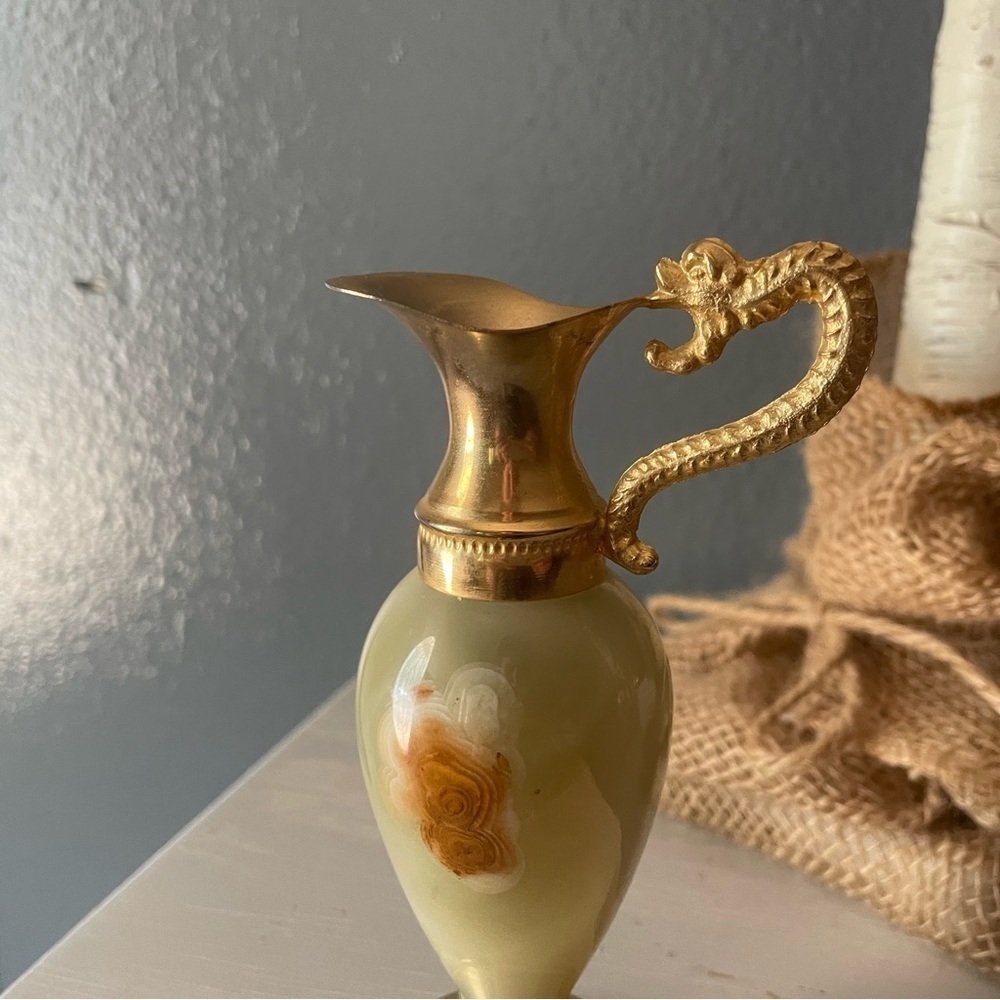 Vintage 1980 Chiseled Brass Onyx Dragon Handle Ewers Cambodia Pitcher Vase Gift - Picture 4 of 10